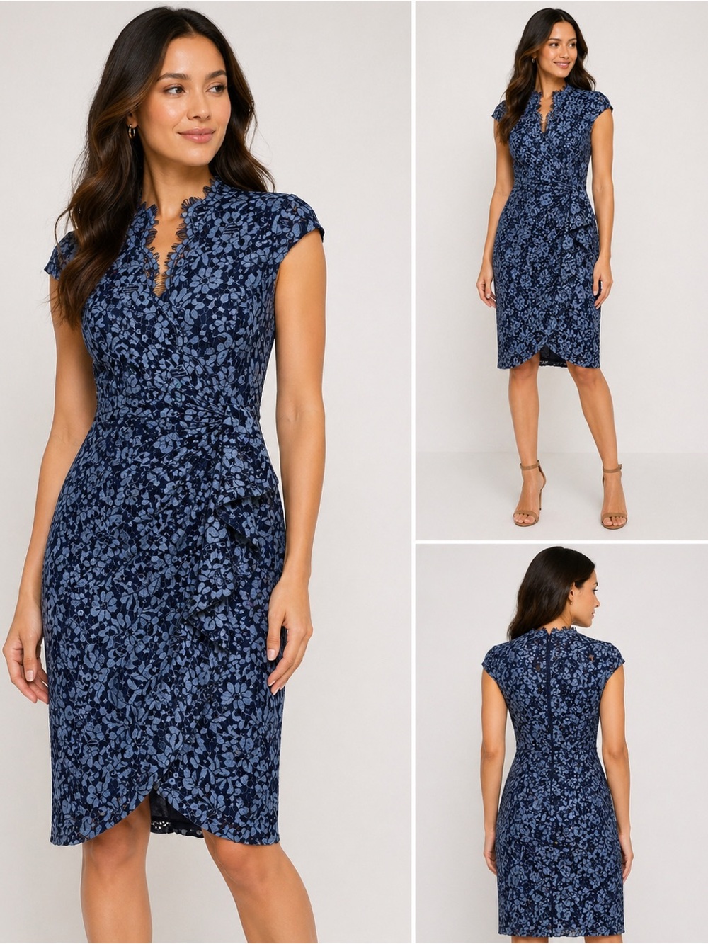 Vince Camuto Dress Women's Size 4 Blue Floral Lace Lined Side Ruffle Cap Sleeve